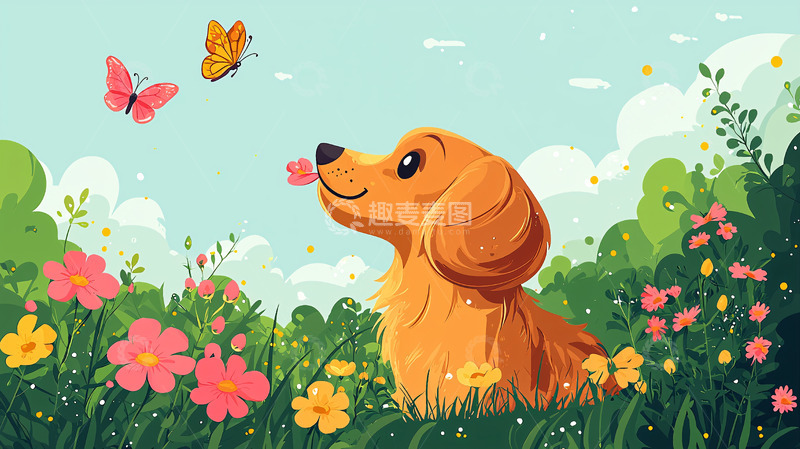 高清大图下载【趣麦麦图】小狗追逐蝴蝶
