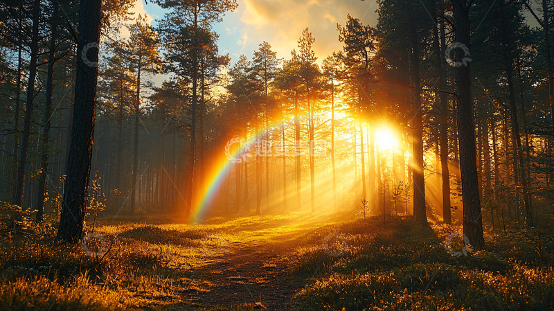 高清大图下载【趣麦麦图】森林彩虹日出
