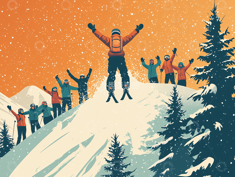 高清大图下载【趣麦麦图】滑雪者欢呼庆祝胜利