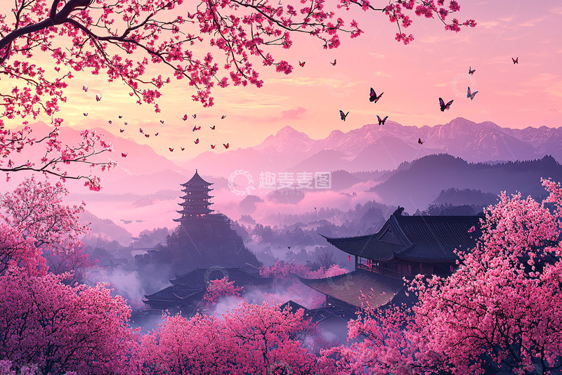 高清大图下载【趣麦麦图】粉色樱花下的东方塔楼