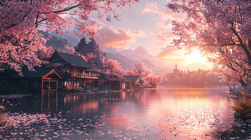 唯美樱花湖畔村庄日落