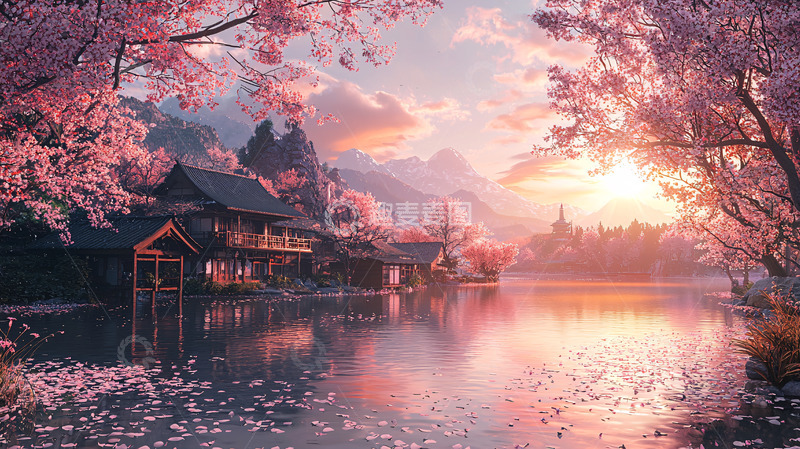 高清大图下载【趣麦麦图】唯美樱花湖畔村庄日落