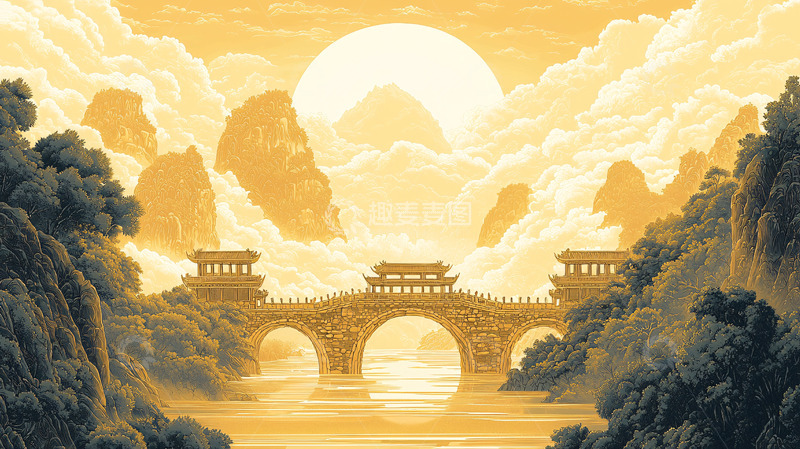 高清大图下载【趣麦麦图】金色山水桥梁