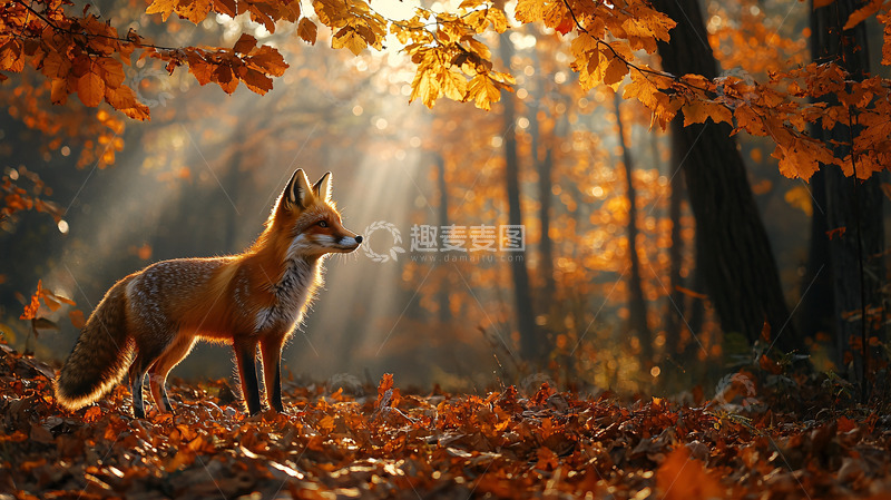 高清大图下载【趣麦麦图】秋日森林里一只红狐狸