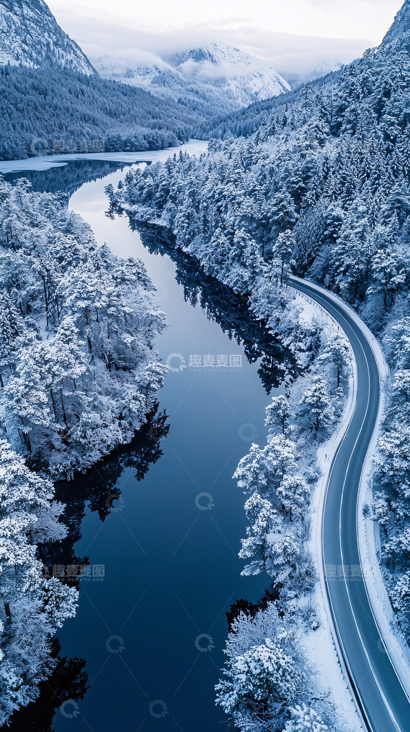 高清大图下载【趣麦麦图】雪山河流公路