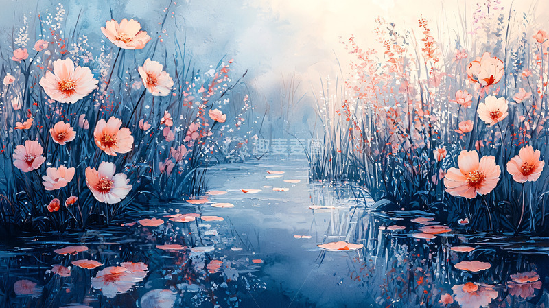 高清大图下载【趣麦麦图】静谧梦幻花海溪流