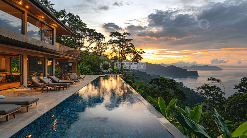 高清大图下载【趣麦麦图】山顶泳池别墅落日晚霞
