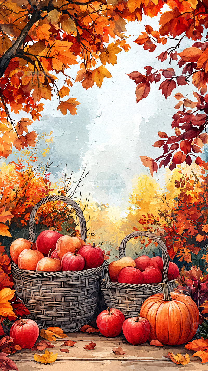 高清大图下载【趣麦麦图】秋日丰收苹果南瓜篮子