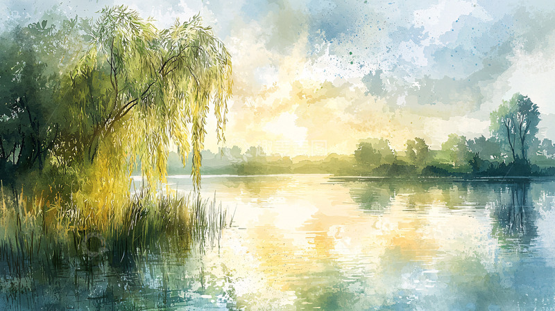 高清大图下载【趣麦麦图】湖边垂柳夕阳景色