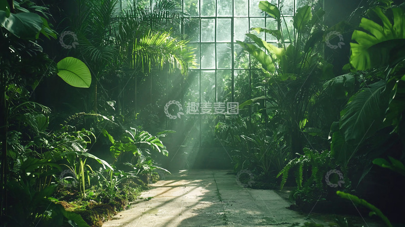 高清大图下载【趣麦麦图】阳光透过玻璃房照射在热带植物