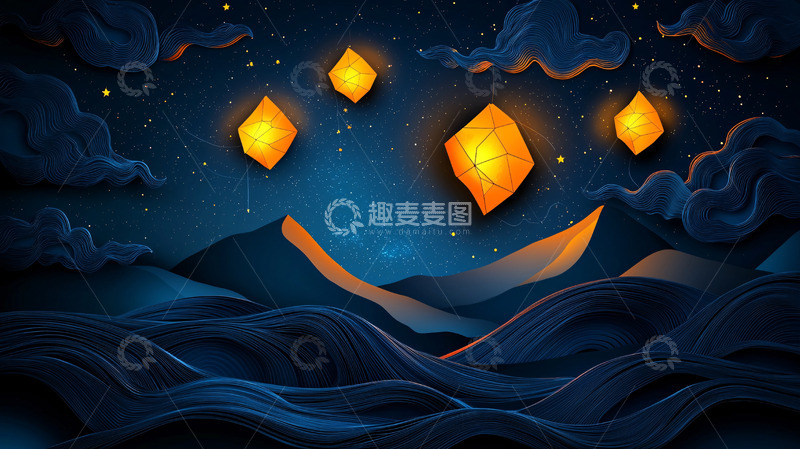 高清大图下载【趣麦麦图】夜空飞翔的灯笼