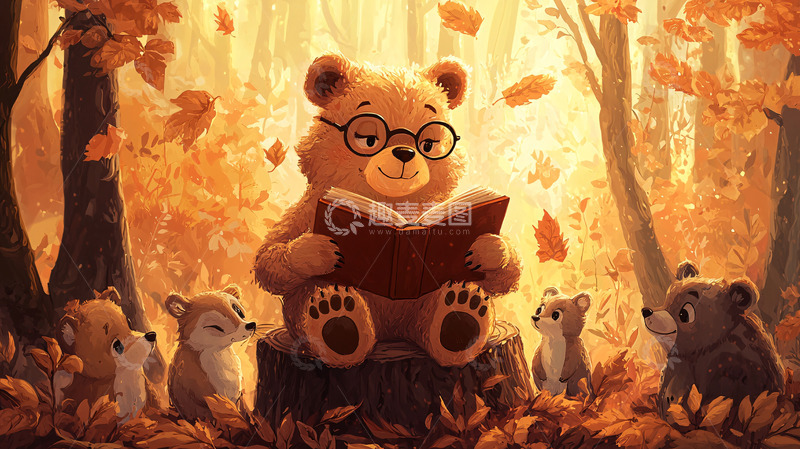 高清大图下载【趣麦麦图】秋日森林里戴眼镜的熊看书
