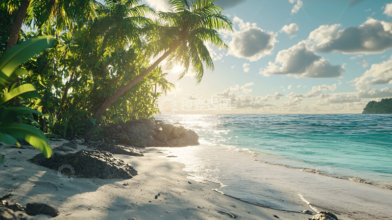 高清大图下载【趣麦麦图】热带海滩椰树日落