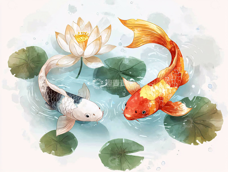 高清大图下载【趣麦麦图】水墨鲤鱼荷花