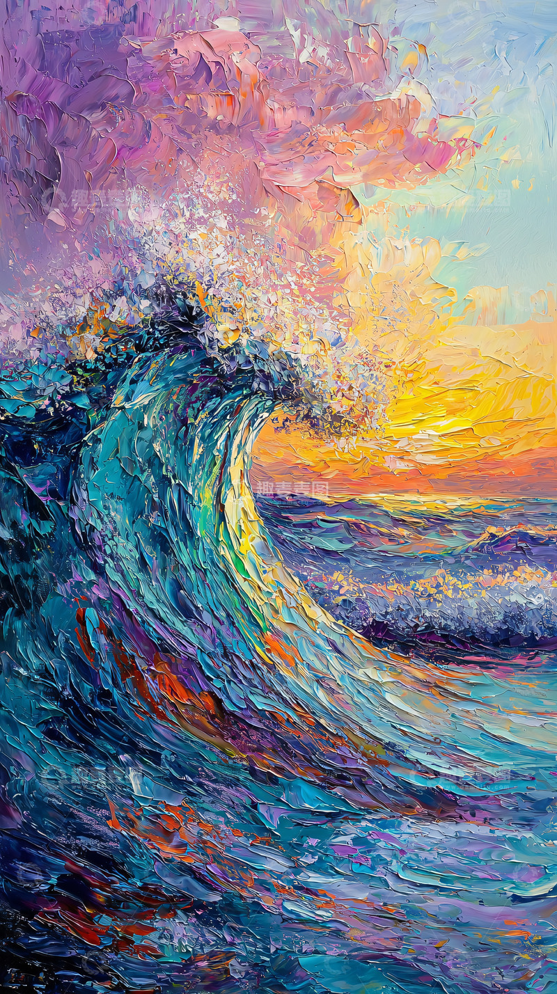 高清大图下载【趣麦麦图】彩色油画巨浪日落