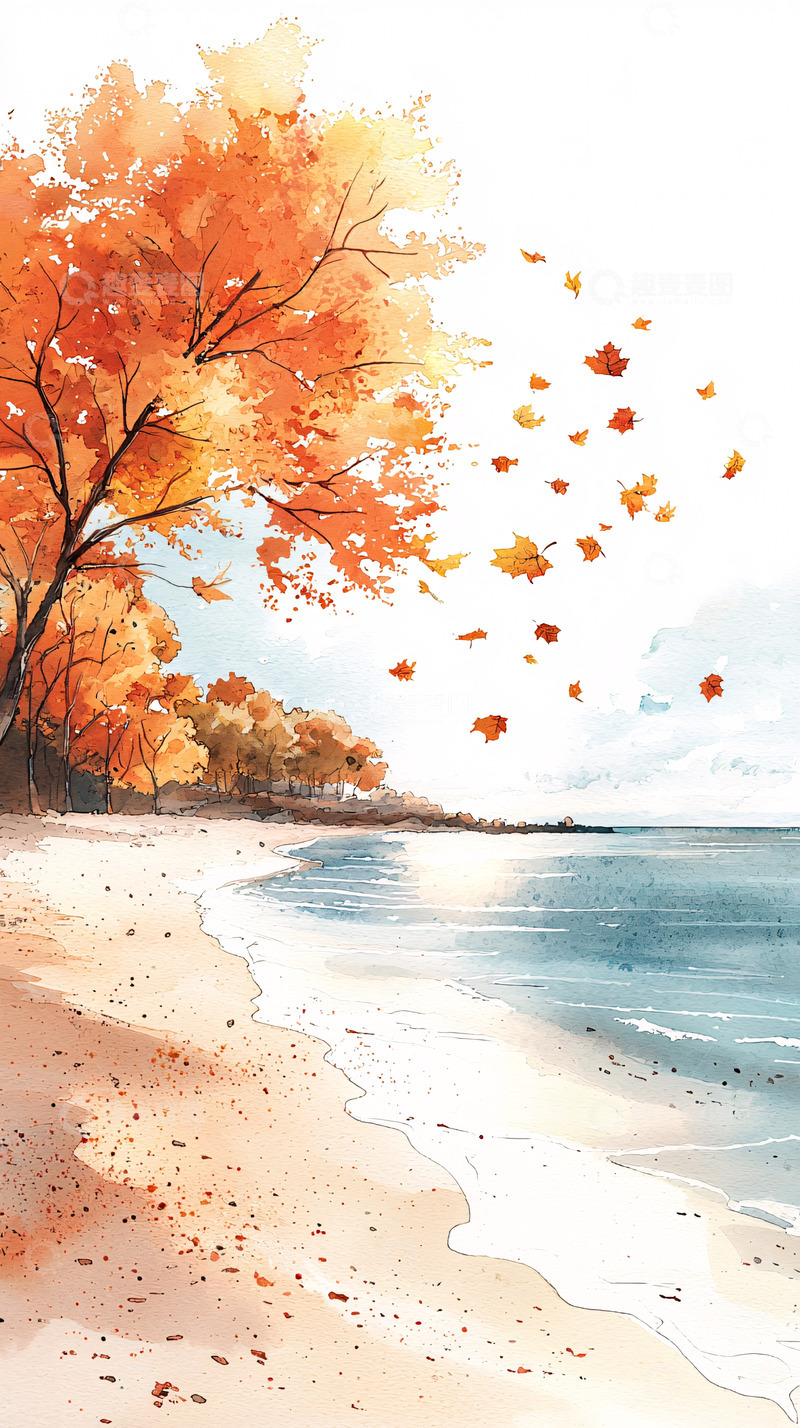 高清大图下载【趣麦麦图】秋日海滩落叶树
