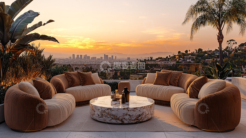 高清大图下载【趣麦麦图】日落洛杉矶豪宅户外休息区