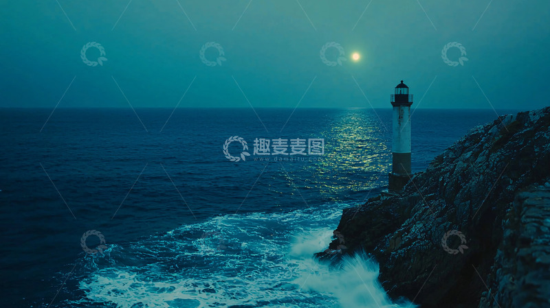 高清大图下载【趣麦麦图】夜晚孤寂灯塔海景