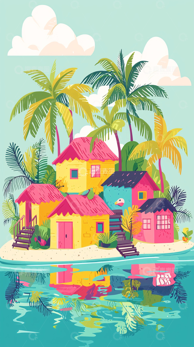 高清大图下载【趣麦麦图】热带小岛彩色房屋