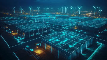 夜幕下的蓝色科技风力发电厂