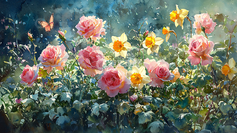 高清大图下载【趣麦麦图】粉红玫瑰和黄水仙花田