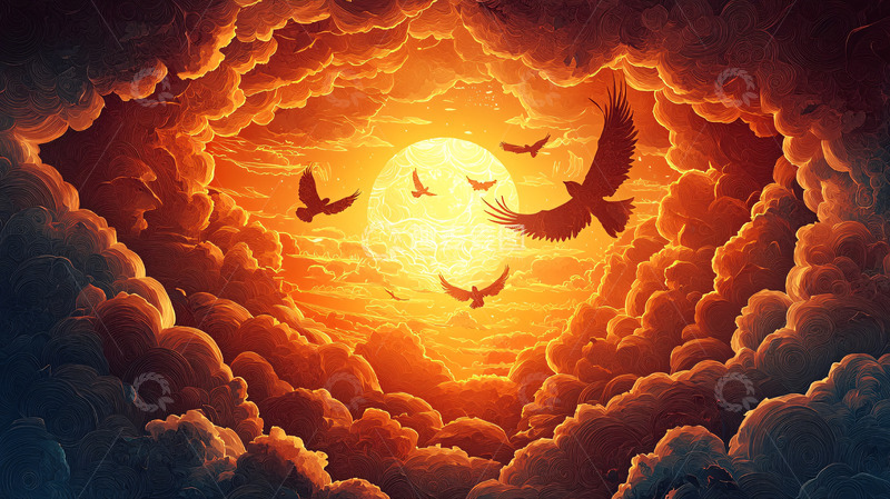 高清大图下载【趣麦麦图】燃烧的云层中飞翔的鸟