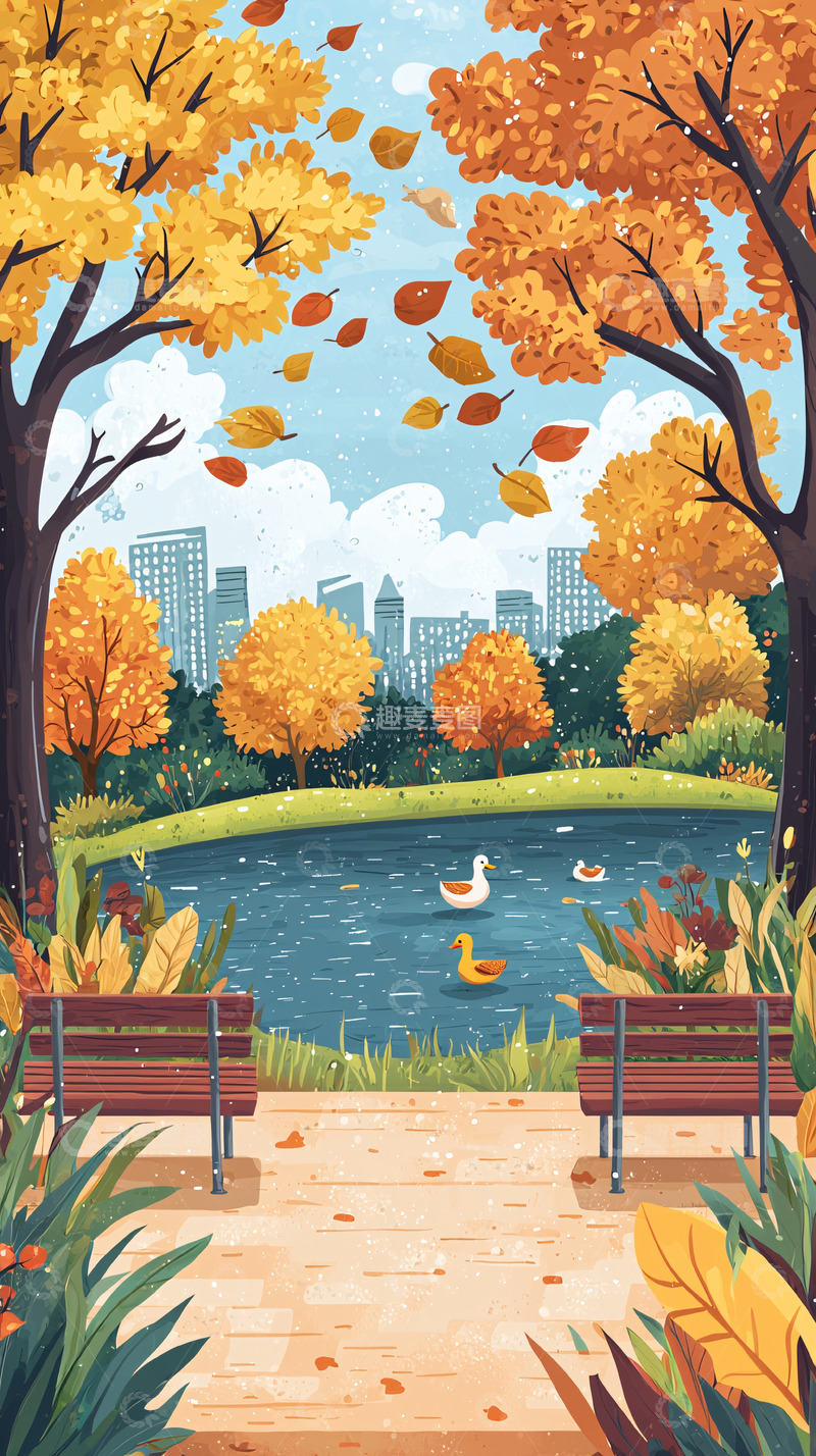 高清大图下载【趣麦麦图】秋日公园湖边景色