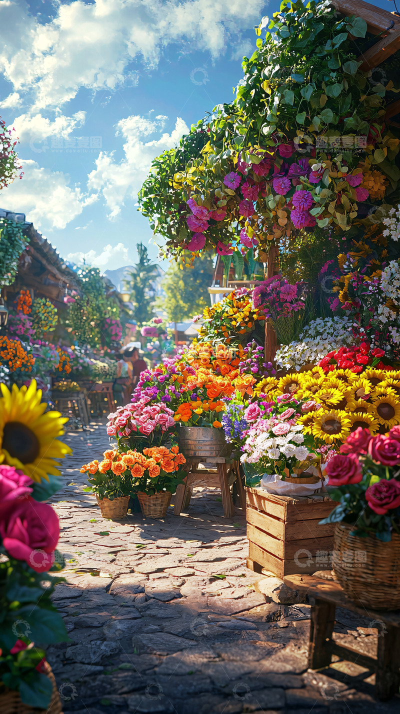 高清大图下载【趣麦麦图】阳光明媚的花店街景