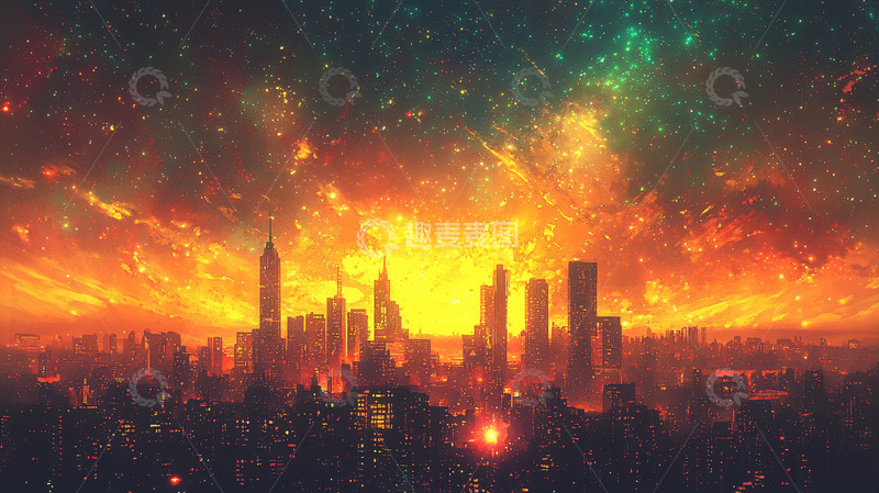 高清大图下载【趣麦麦图】城市天际线日落星空