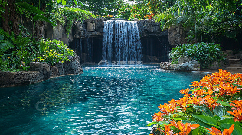高清大图下载【趣麦麦图】热带雨林瀑布泳池