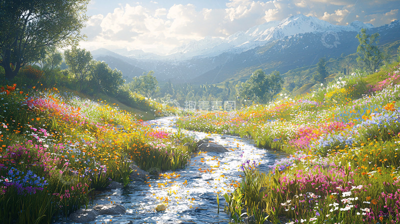 高清大图下载【趣麦麦图】阳光下的山谷溪流花海