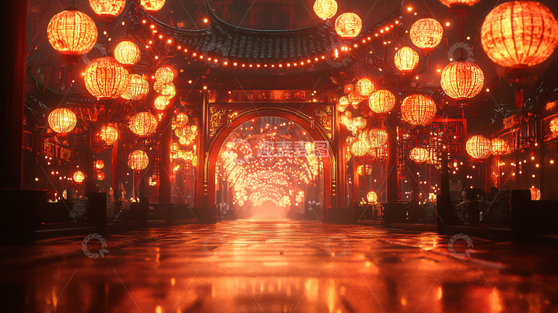 高清大图下载【趣麦麦图】红灯笼长廊夜景