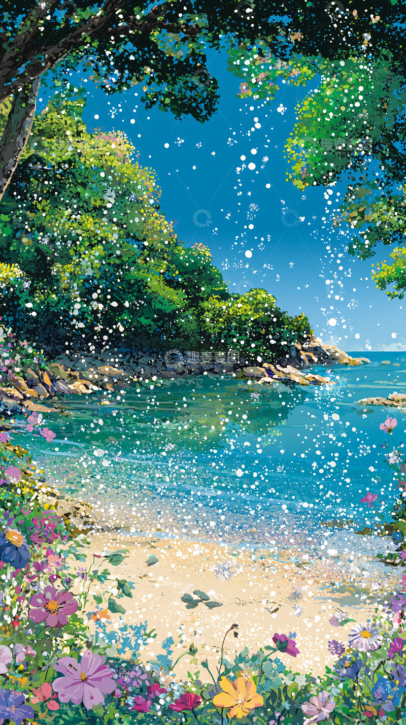 高清大图下载【趣麦麦图】雨中海岸线花海