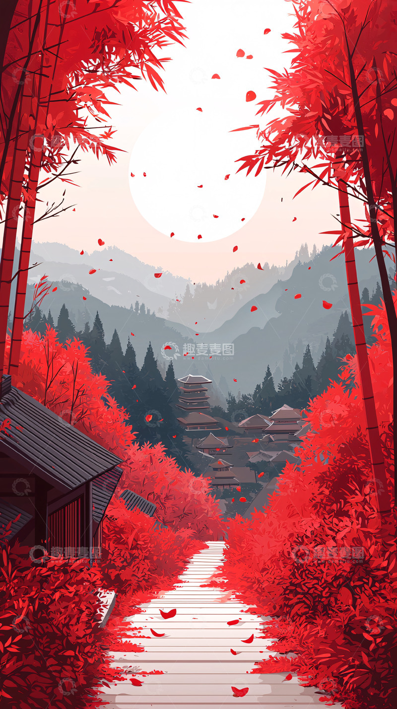 高清大图下载【趣麦麦图】红叶小路通向远山