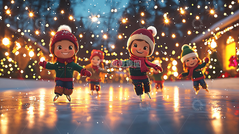 高清大图下载【趣麦麦图】冬日儿童冰上滑冰