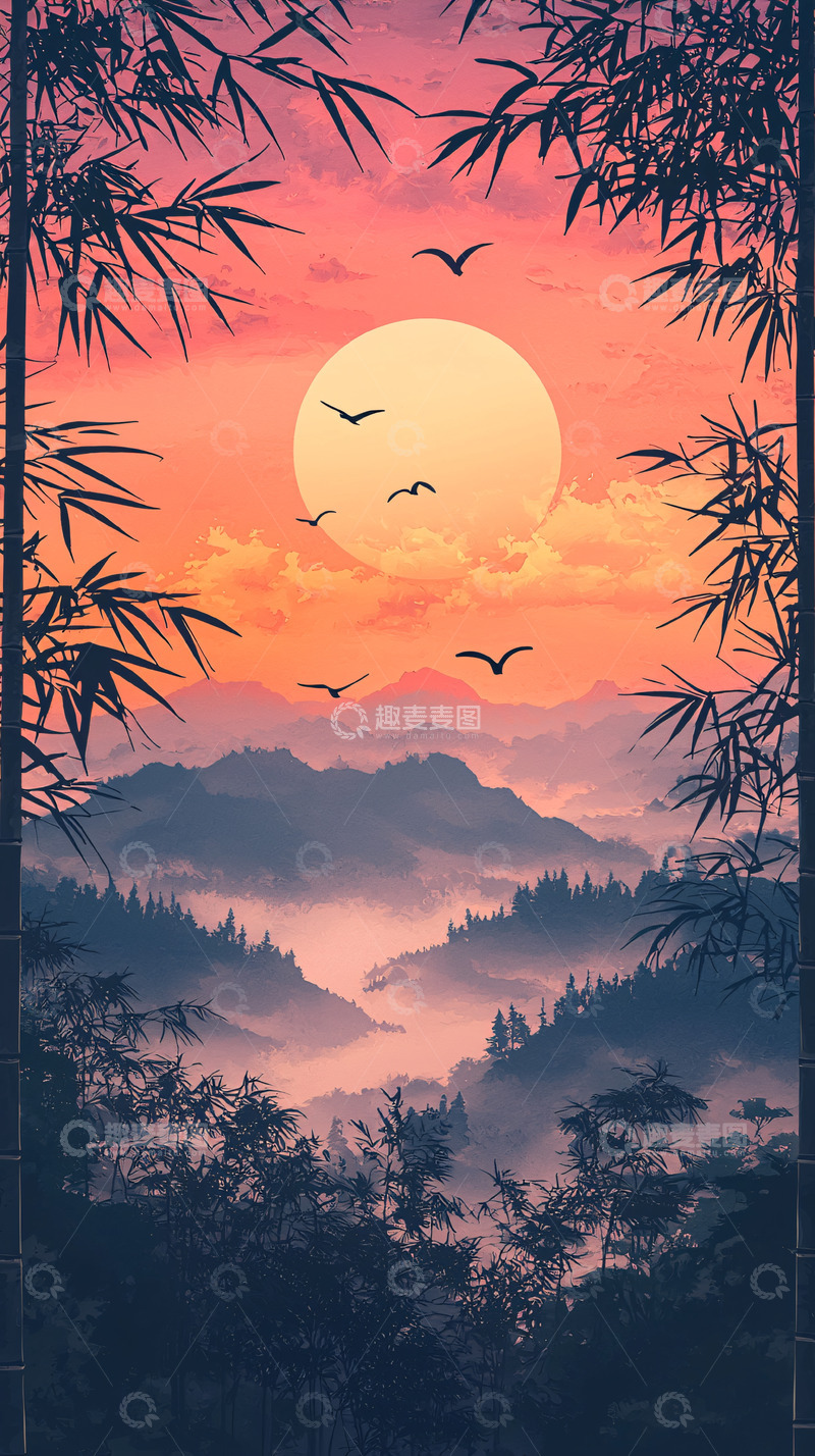 高清大图下载【趣麦麦图】日落山景竹林剪影