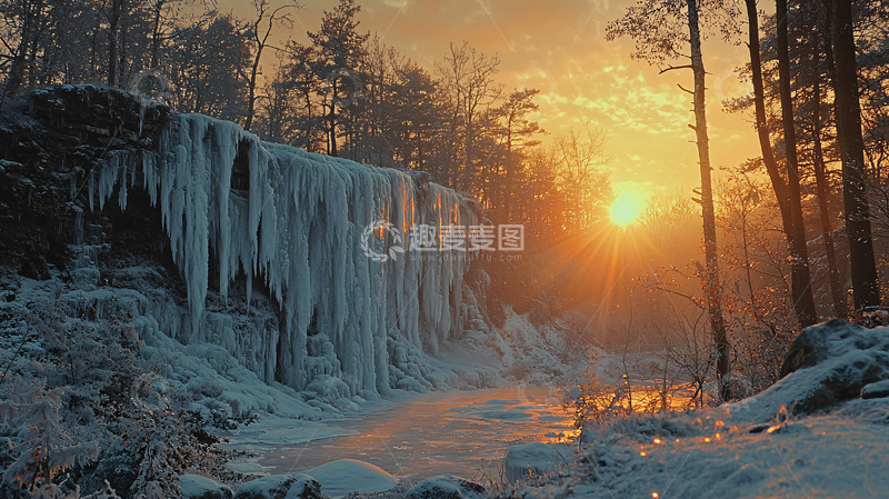 高清大图下载【趣麦麦图】冰冻瀑布日落