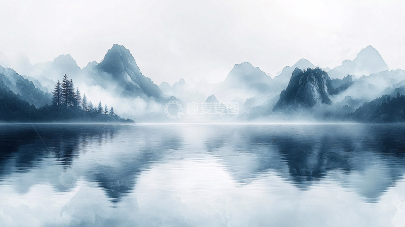 高清大图下载【趣麦麦图】雾气弥漫的山湖景色