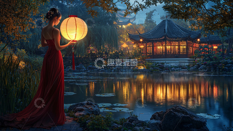 高清大图下载【趣麦麦图】红衣女子持灯笼中式园林夜景