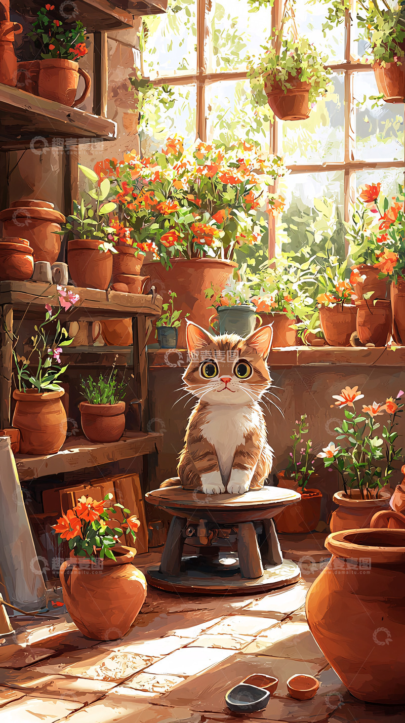 高清大图下载【趣麦麦图】阳光花房里的小猫