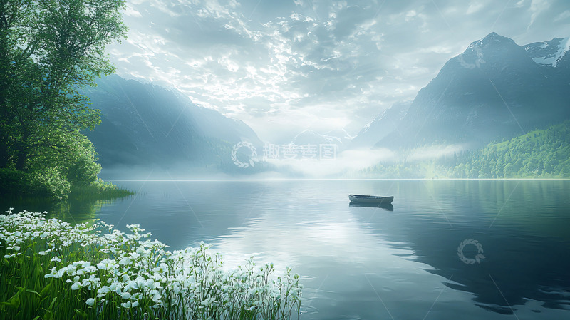 高清大图下载【趣麦麦图】宁静湖面山景小船