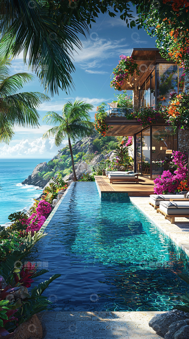 高清大图下载【趣麦麦图】海边悬崖别墅泳池