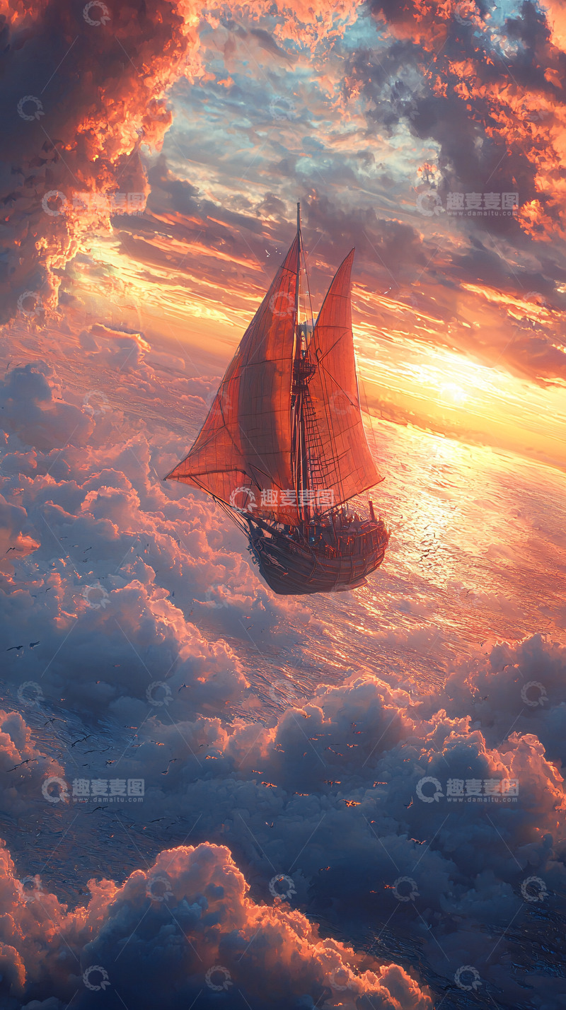 高清大图下载【趣麦麦图】云海帆船日落