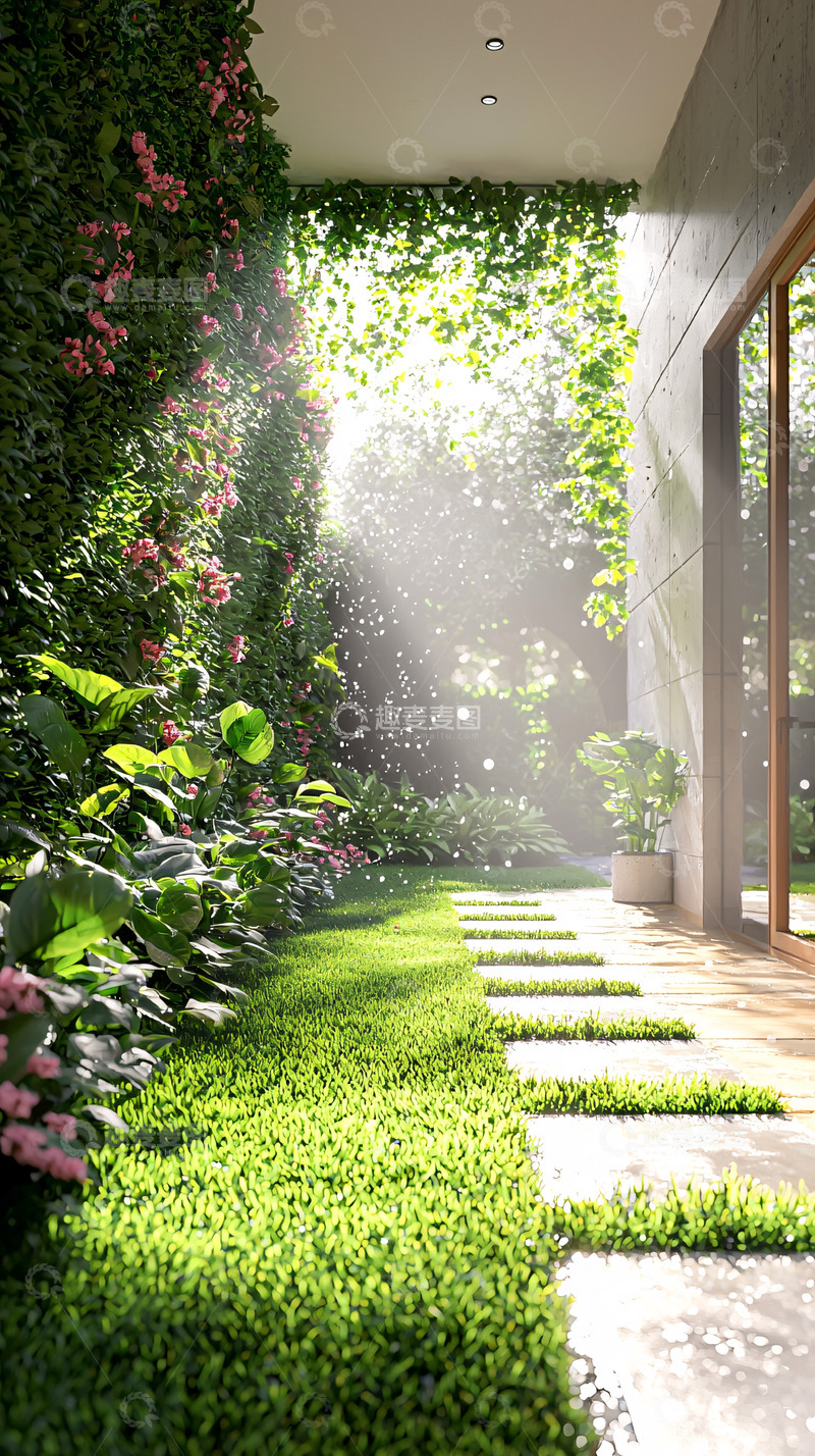 高清大图下载【趣麦麦图】阳光洒在绿植小径上