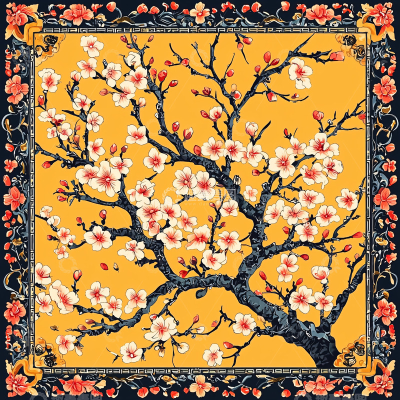 高清大图下载【趣麦麦图】盛开的樱花树在金色背景上