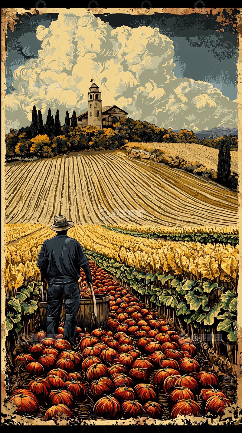 高清大图下载【趣麦麦图】秋收时节农夫收获南瓜