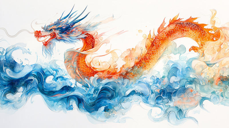 高清大图下载【趣麦麦图】水墨风格的龙在海浪上飞腾