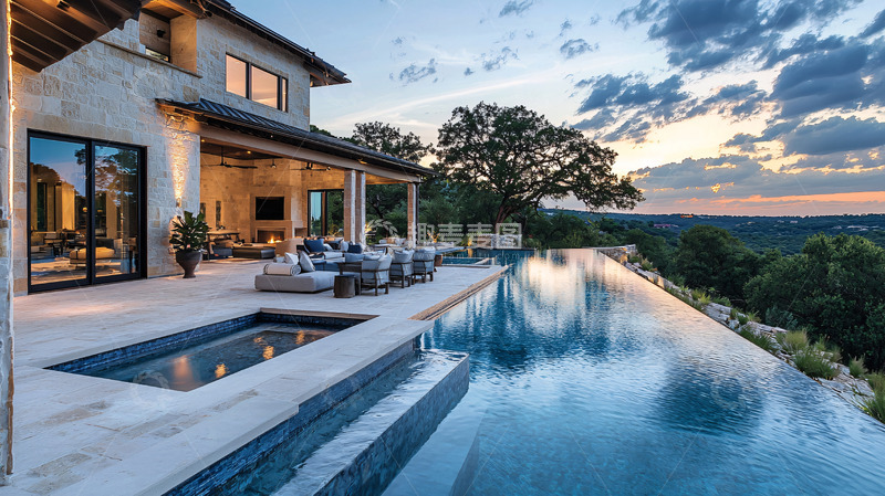 高清大图下载【趣麦麦图】山顶别墅泳池落日景色
