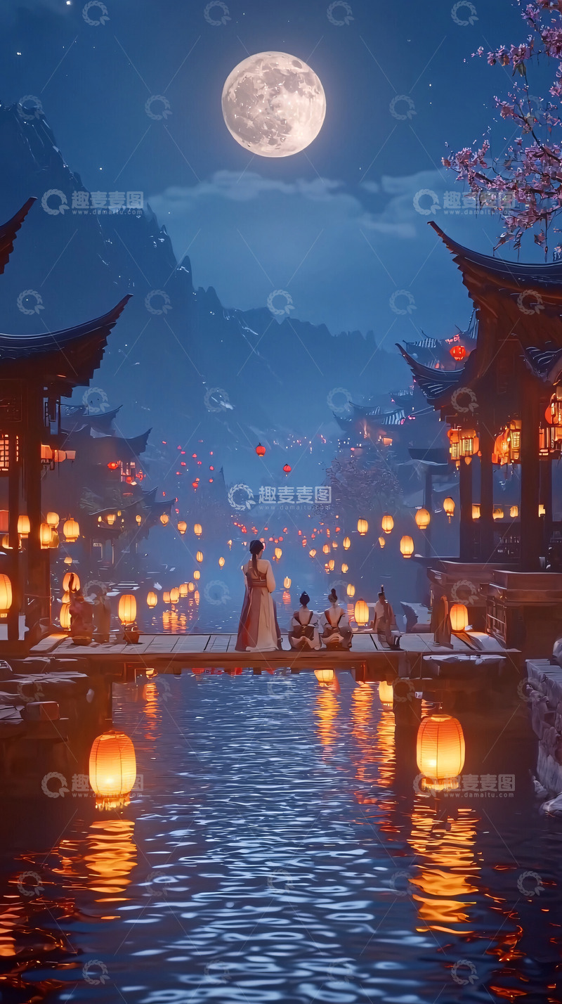 高清大图下载【趣麦麦图】月夜古镇