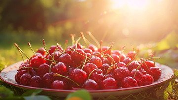 阳光下盛满红樱桃的盘子
